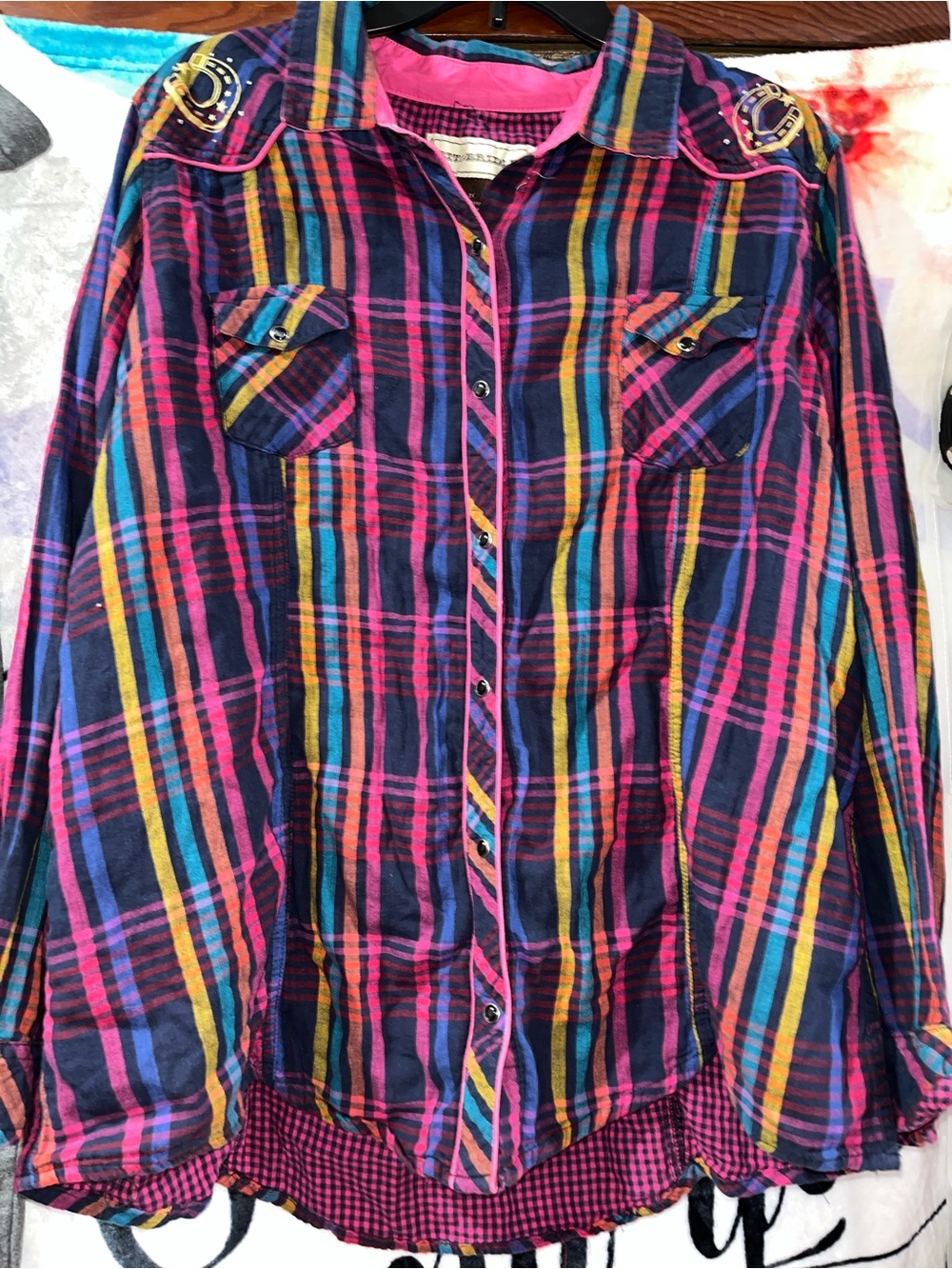 Bit & Bridle Multicolor Plaid Button-Down Shirt - Pink, Blue, Yellow